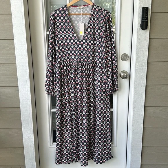 Boden midi floral jersey dress women’s size 14r with navy blue & pockets nwt - Picture 2 of 5